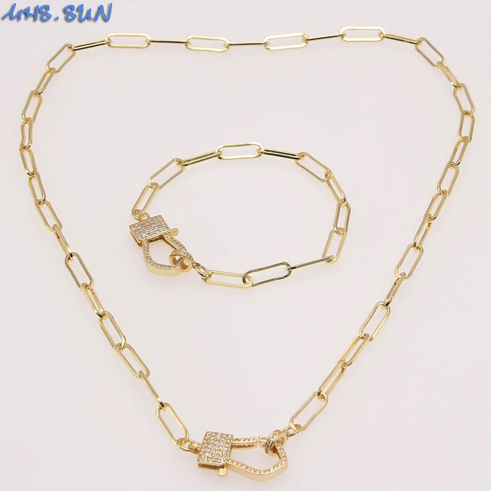

SUNSLL Hip Hop CZ Zircon Link Chain Geometric Lock Can Open Necklace Bracelet Set For Men Boys Women Girls Jewelry Gift