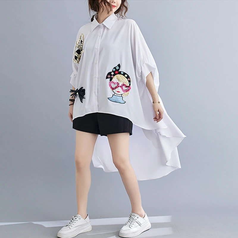 

рубашка женская New Oversize Irregular Blouse Women Sequin Embroidery Crown Beading Bat Sleeved Chiffon Shirt Female Casual Tops