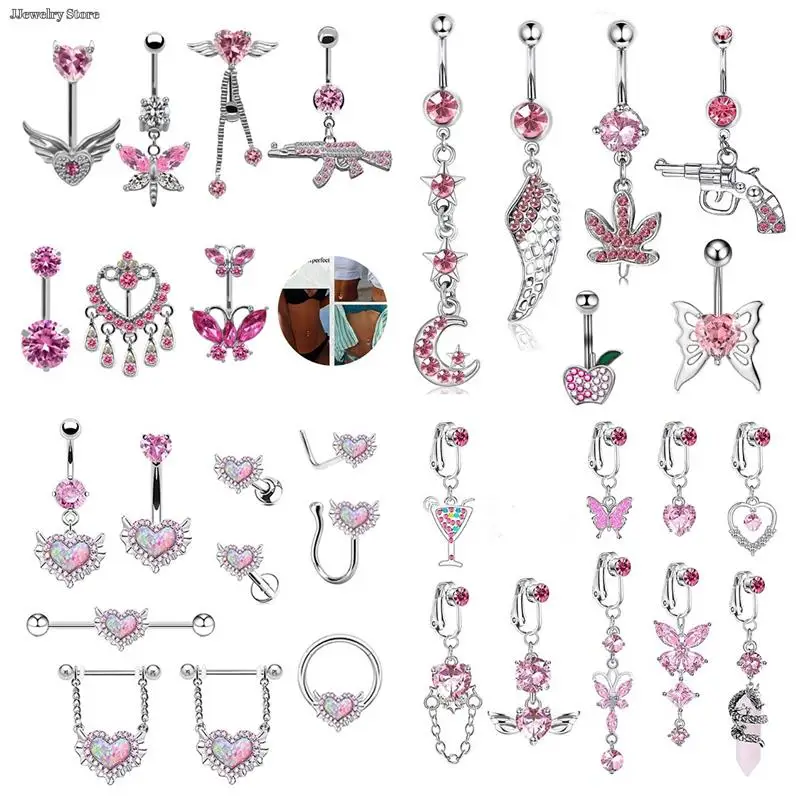 

1PC Pink Crystal Pendant Belly Button Ring For Women Stainless Steel Navel Piercings Moon Heart Butterfly Belly Ring