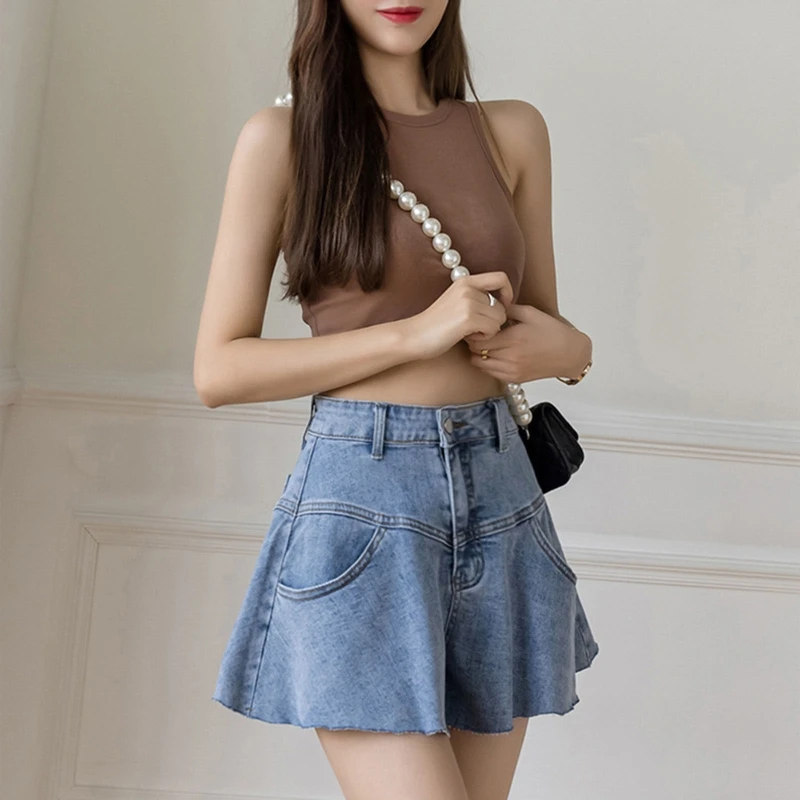 

Women Summer High Waist Wide Leg Denim Shorts Pleated Ruffle Flared Hem Casual Loose Jean Short Pants Trousers Streetwear 10CE
