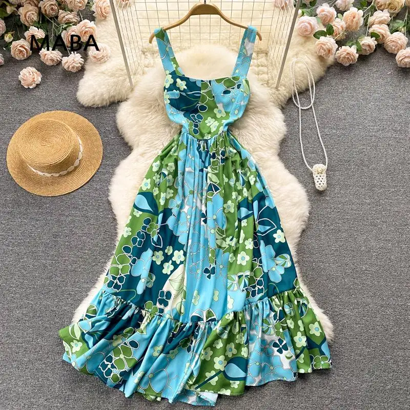 

2022 Summer Women Sleeveless Floral Print Spaghetti Strap Long Dress Elegant Off Shoulder Blue Beach Boho Open Back Sundress