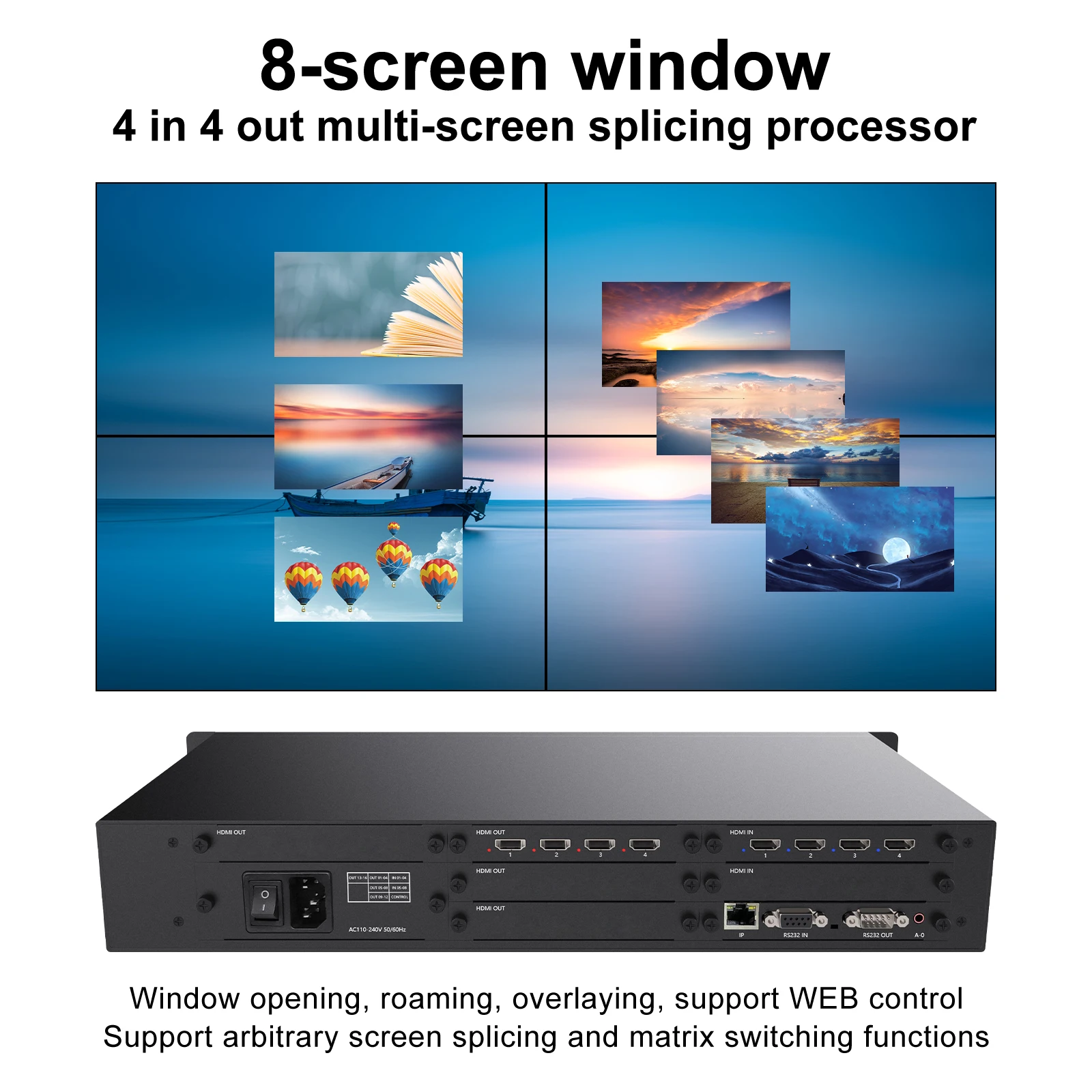 

TV Video Wall Processor HD Controller 4x4 HDCP1920x1080P60Hz 4 Input 4 Out HDMI Matrix Switcher Splicer Window WEB/RS232 Control