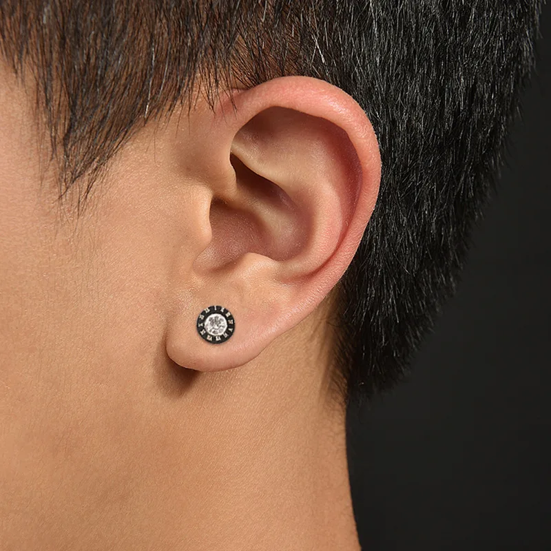 Fashion Round zircon Inlay Earring for Men Black Round Stainless Steel Simple Ear Studs Earrings Punk Earring Jewelry Wholesale