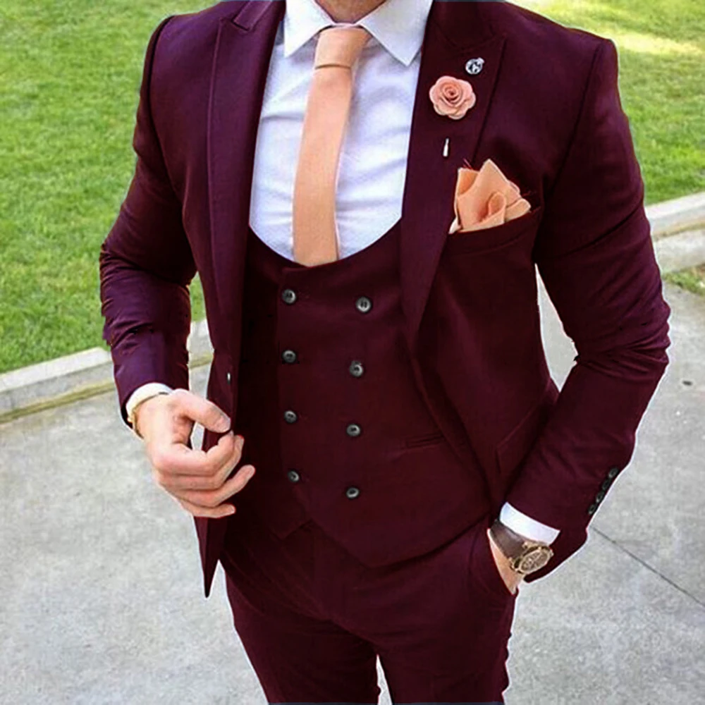 

New Arrival Peak Lapel Burgundy Men Suits Slim Fit Groom Tuxedo 3 Piece Male Blazer +Pant+Vest Costume Homme Mariage