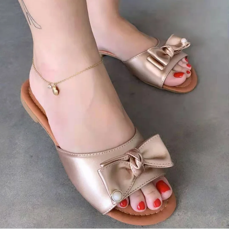 

2022 New Sandals for Women Cute Butterfly Knot Flat Heel Slippers Summer Fashion Slides Sandalias De Mujer