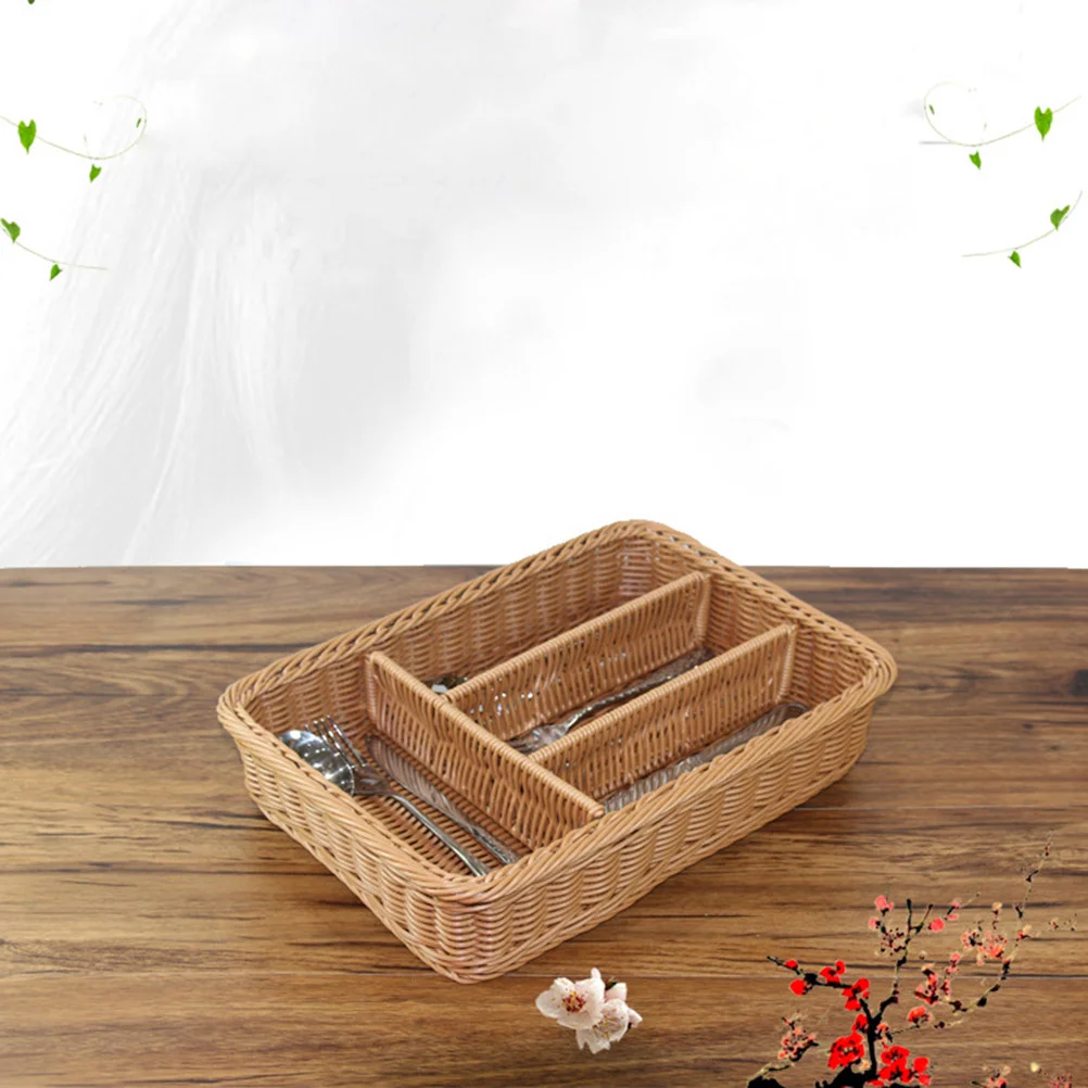 

Flatware Tray Cutlery Woven Silverware Drawer Basket Rattan Utensil Holder Farmhouse Wicker Spoon Fork Compartment Countertop