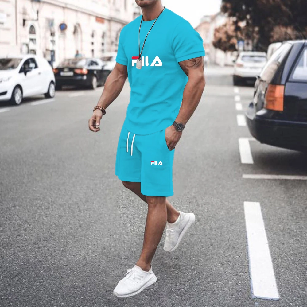 Summer high-quality men's short sleeve suit fitness fashion leisure sports suit super cool sports T-shirt + shorts 2-piece set