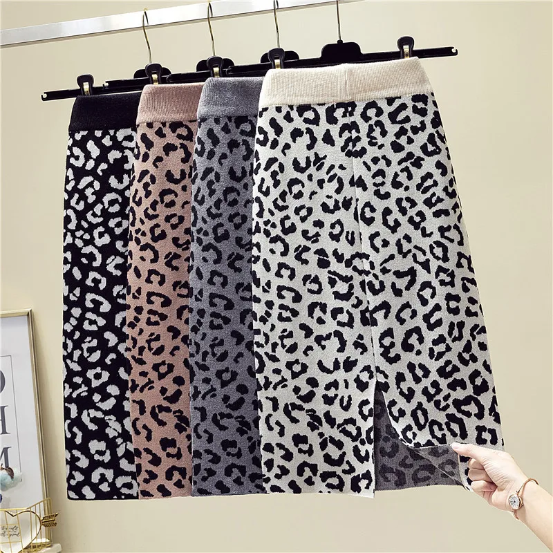 

Autumn Winter Elastic High Waist Thick Leopard Knitted Skirt Women Sexy Split Bodycon Pencil Skirt Lady Slim Long Sweater Skirts