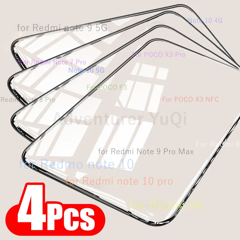 

4pc Full Cover Protective Tempered Glass For Redmi Note 10 9 7 9S Pro Max 4G 5G Screen Protector For Poco F3 X3 M3 X3 Pro NFC