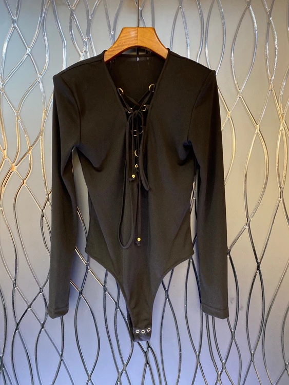 

2022 new women fashion V-neckline tie decoration solid color long-sleeved chain T-shirt top 0107