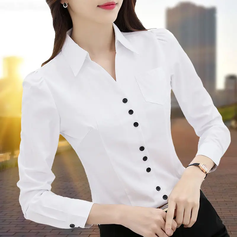 

White Cotton Shirt Women's Long-sleeved Spring Autumn New V-neck Chiffon Shirt Bottoming Shirt Tops Elegant Woman Clothing