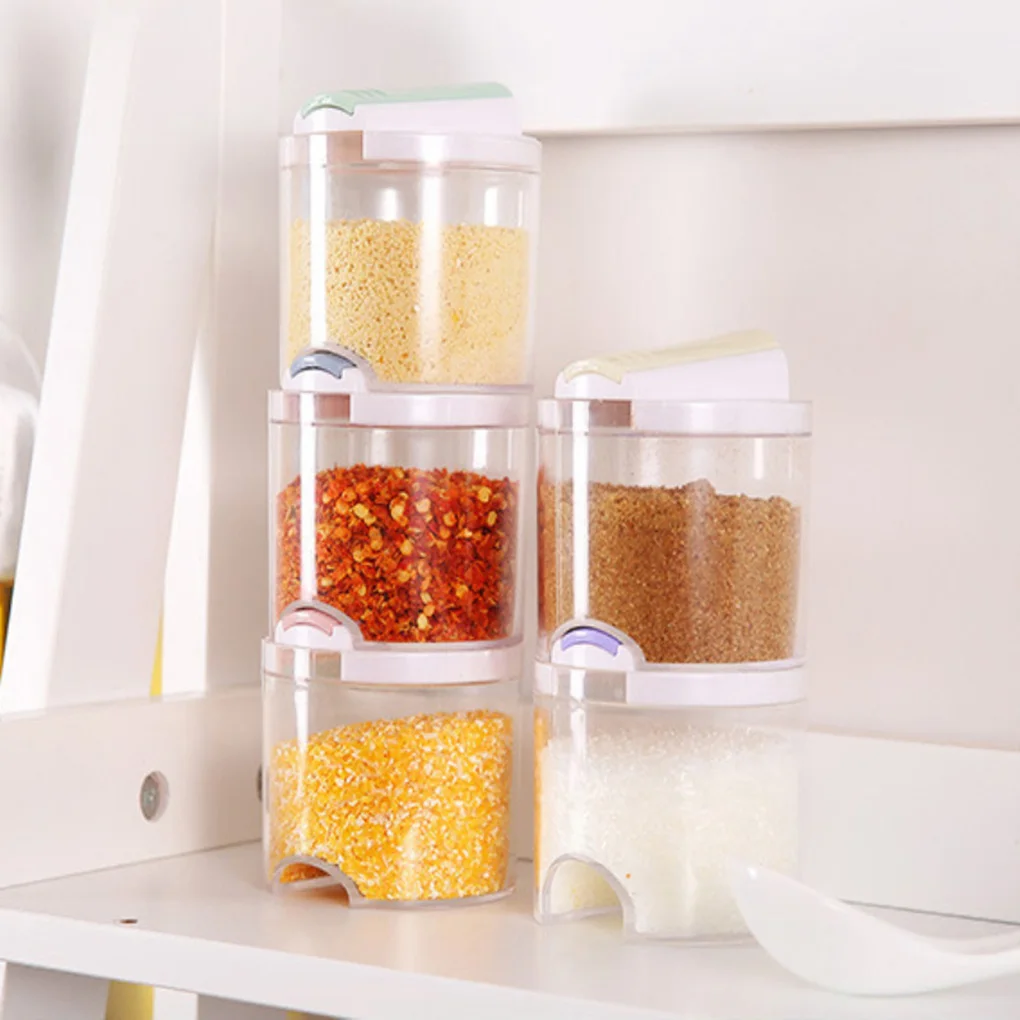 

5pcs Clear Stackable Seasoning Rack Spice Pots Kitchen Salt Sugar Condiment Storage Containers