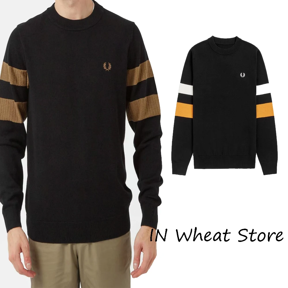 New Wheat Embroidery Intercolor Stripe Round Neck Pullover Fleece Men's Long Sleeve Knitwear Casual Thin Style Men's Clothing