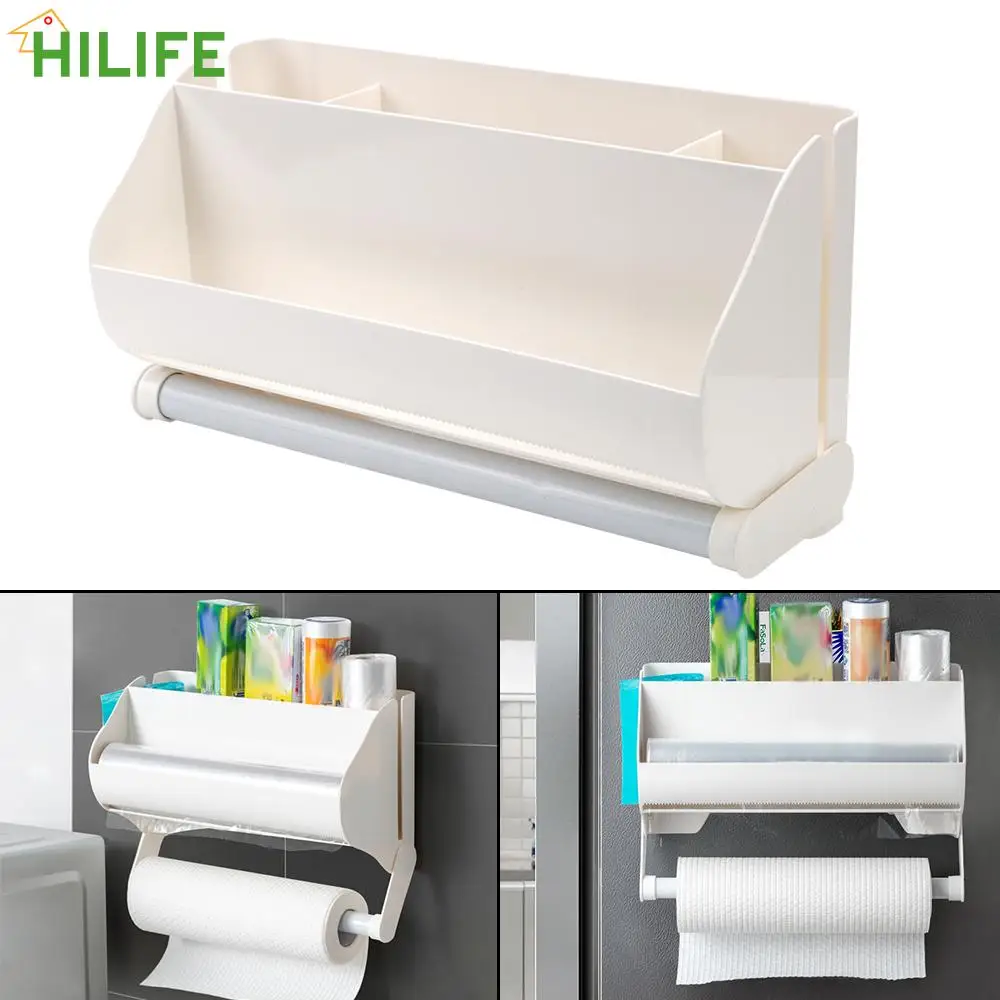 

Полка для бутылок соуса, кухонный Органайзер, держатель для резки липкой пленки, настенный многофункциональный держатель для пластиковой о...