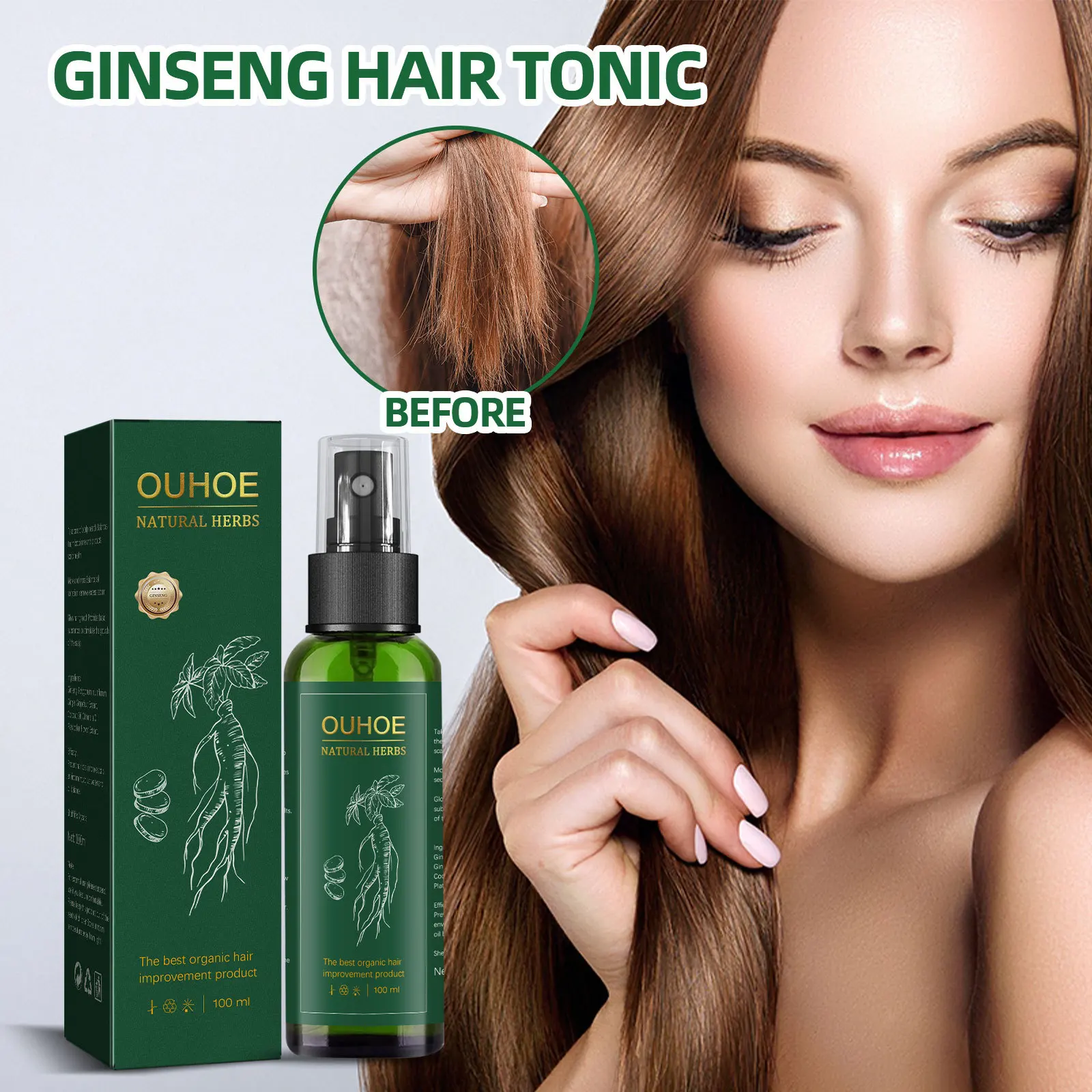 

100ml OUHOE Ginseng Hair Growth Solution Oil Genuine Ginseng Extract Hair Growth Spray Strengthening Hair Moisturizing Anti-Fall