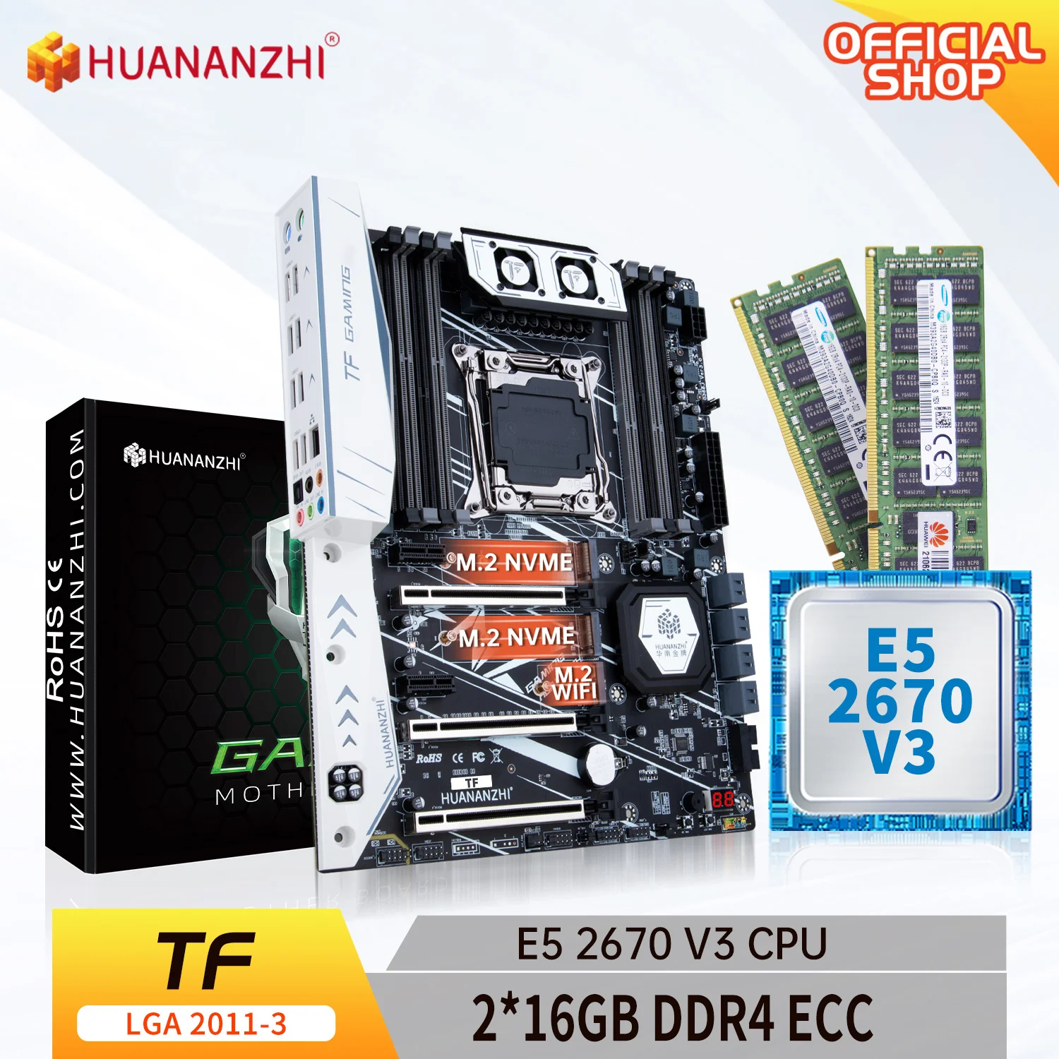 

HUANANZHI X99 TF LGA 2011-3 XEON X99 Motherboard with Intel E5 2670 V3 with 2*16G DDR4 RECC ECC memory combo kit set NVME