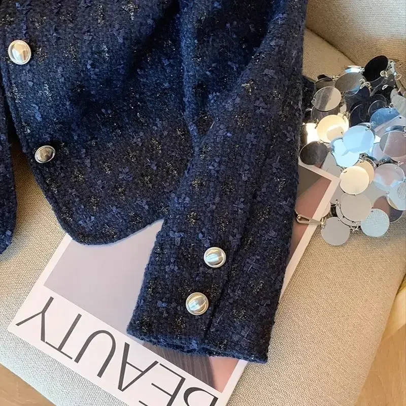 Женское твидовое короткое пальто темно-синего цвета модный тканый топ с длинными