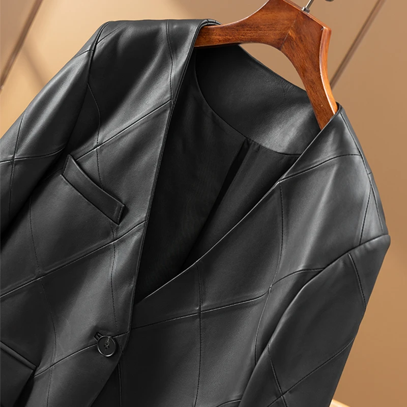 Winter High Quality Sheepskin Genuine Leather Jacket Women  Autumn/Winter  Single Breasted  Leather & Suede  V-Neck  Blazers