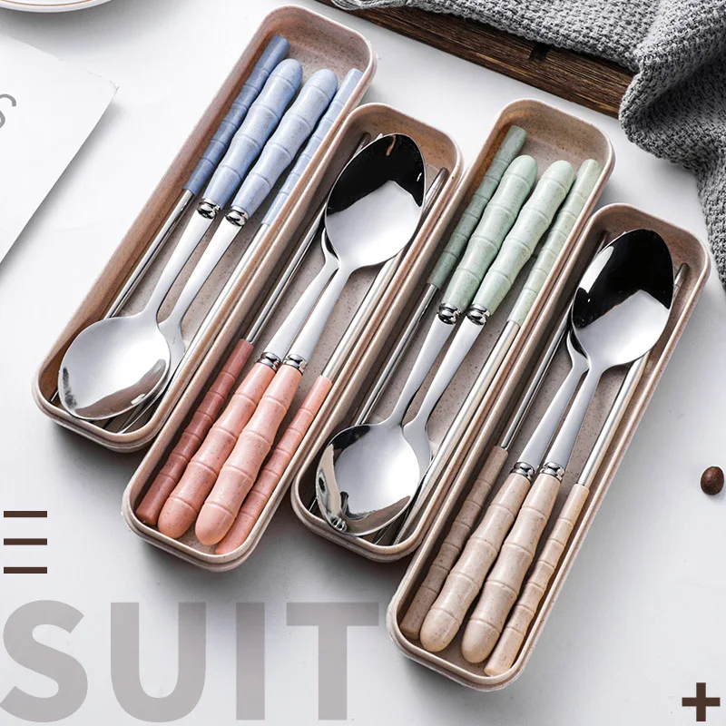 

3PCS/1Set Spoon Fork Chopstick Cutlery Portable Dinnerware Kit Lunch Tableware with Box Set Stainless Steel Kitchen Accessories