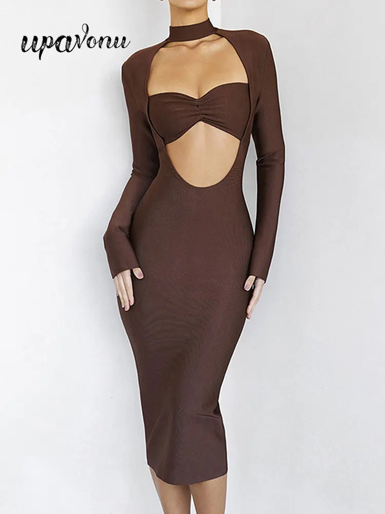 

Women's Bandage Dresses 2022 New Stand Collar Long Sleeves Bodycon Hollow Midi Bandage Dresses Sexy Club Evening Party Vestidos