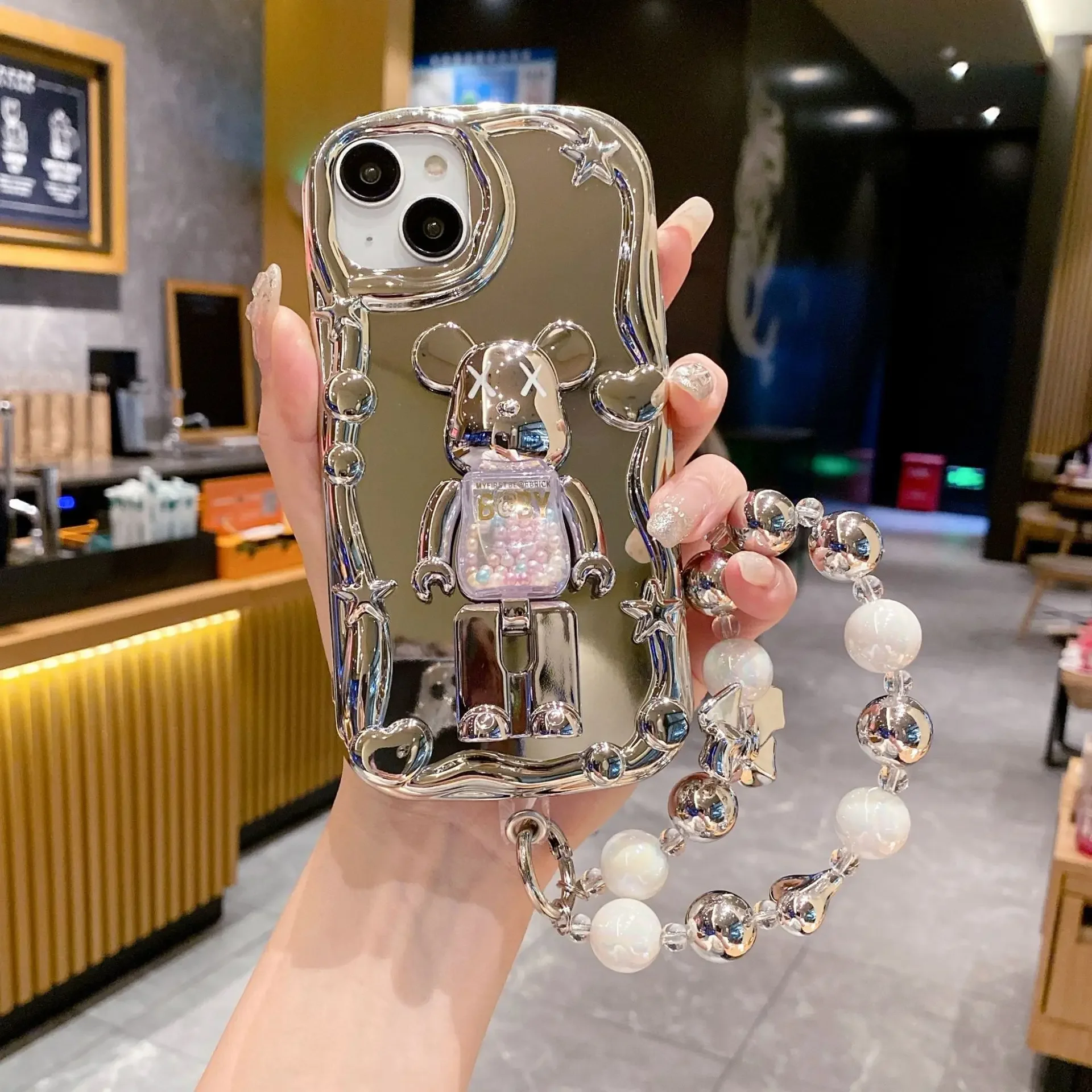 Модный чехол для телефона Violent XX Bear Bracket с гальваническим зеркалом iPhone 16 15 14 13 12 11 Pro