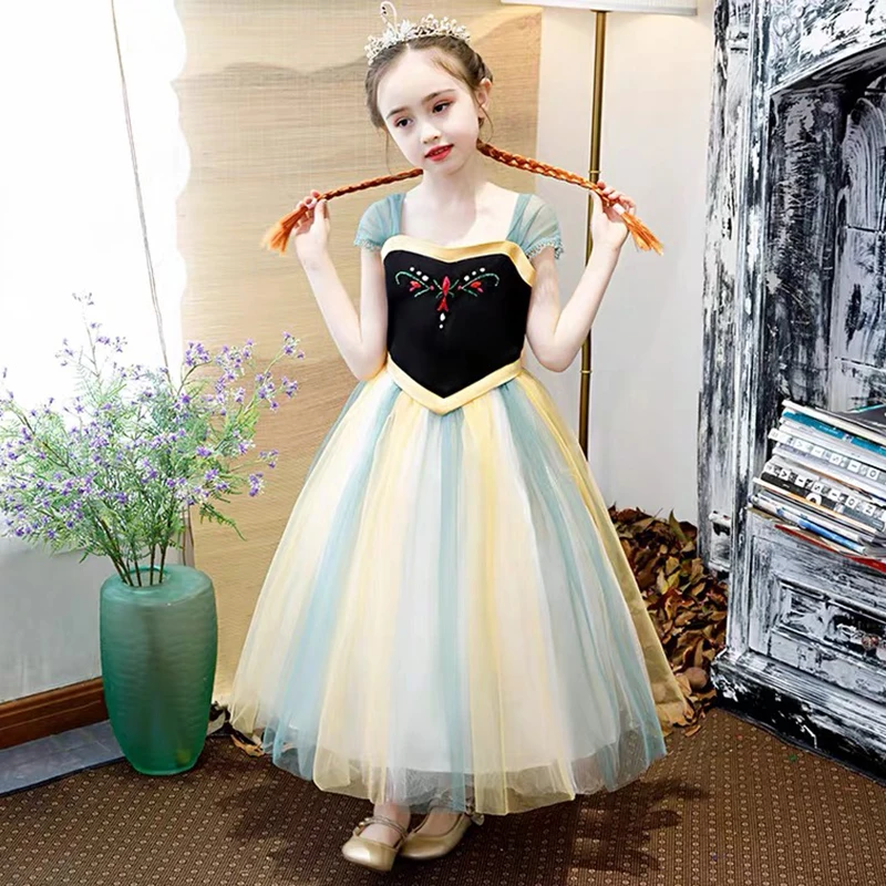 

Disney Anna Dress Girls Princess Cosplay Costume Embroidered Halloween Clothes Birthday Sleeveless Layered Carnival Fancy Party