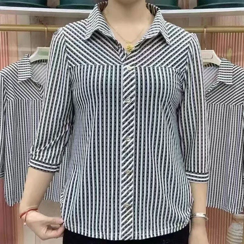 Fashion Loose All-match Striped Printed Shirt Summer Women's Clothing New 3/4 Sleeve Casual Turn-down Collar Buttons Blouses