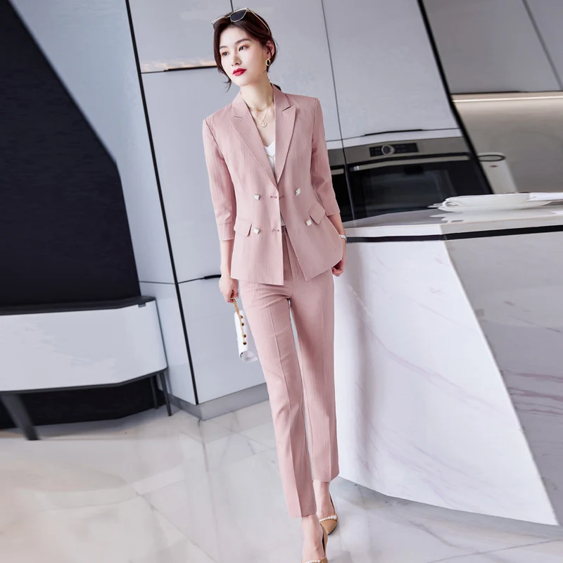 New 2022 Fashion Pink Blazer Women Business Suits Pant and Jacket Sets Office Ladies Work Uniform OL Styles