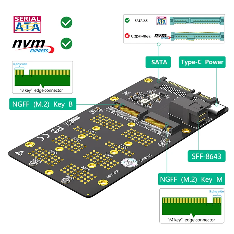 Адаптер SSD M.2 NVME M Key to SFF-8643 с источником питания типа C + SATA B К переходнику SATA3.0 для