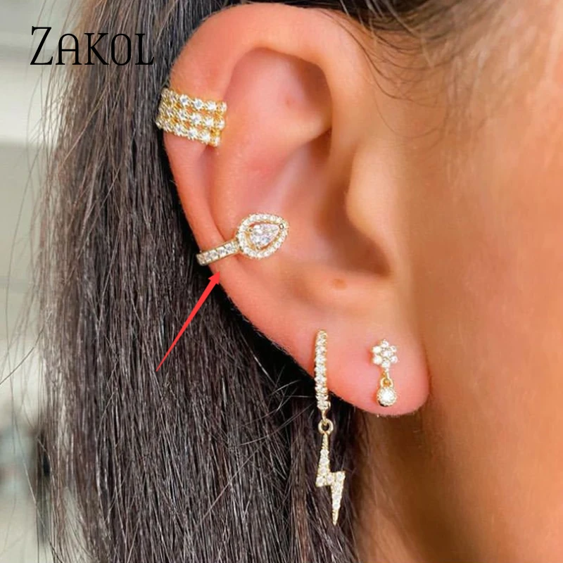 ZAKOL 1 шт. Белый Цвет капли воды кубического циркония уха кости клип серьги для