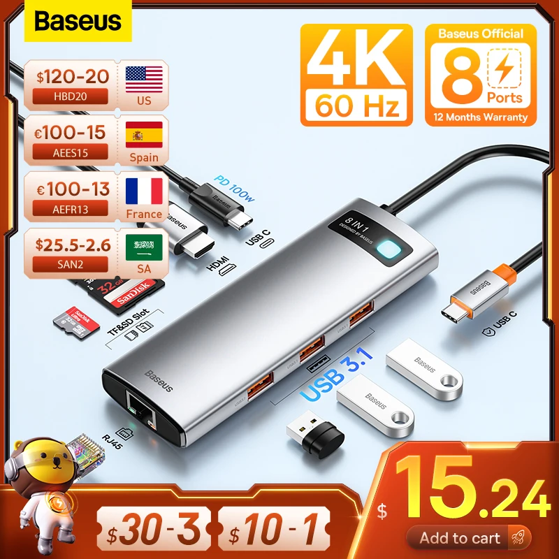 Baseus USB C HUB Type C to HDMI-compatible USB 3.1 Adapter Ethernet Port Docking Station for MacBook  Air M1 M2 USB Splitter