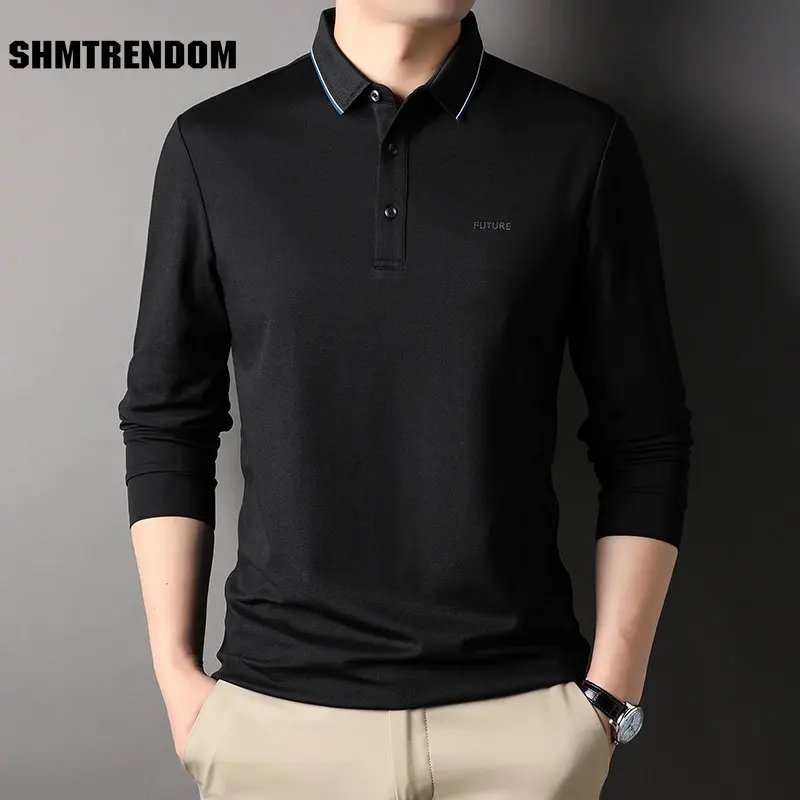 

SHMTRENDOM Cotton Long Sleeve Men's Polo Shirts Spring Autumn Diamonds Solid Color Smart Casual Male Polo Shirts Simple Man Tees