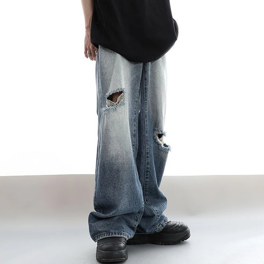 

Рваные джинсы с эластичным поясом для мужчин, прямые свободные штаны в американском стиле, хип-хоп, широкие брюки с градиентом, Y2K, лето