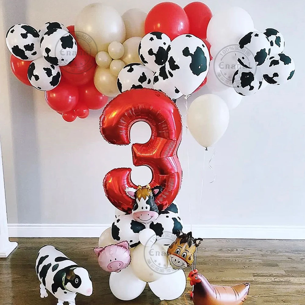 

21/54pcs Farm Animal Theme Cow Pig Balloon Tower 32inch Red Number 1-9 Year Old Children's Birthday Party Decoration Baby Shower