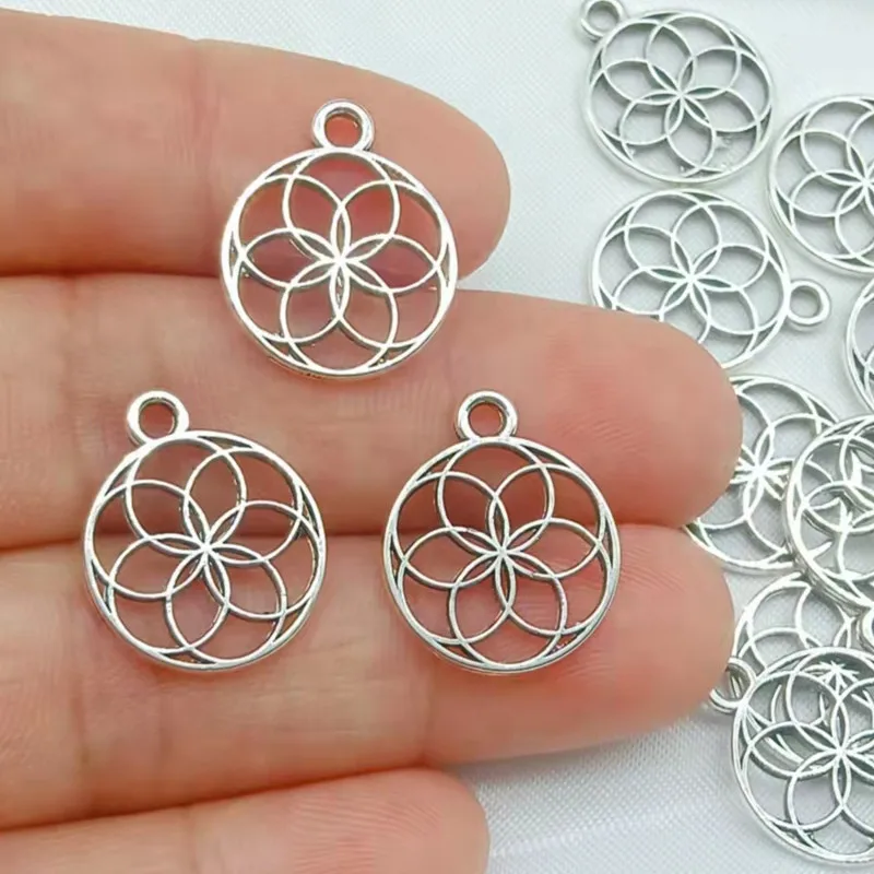 

20pcs 17x14mm Round Filigree Flower Of Life Charms For Jewelry Making DIY Antique Silver Color Alloy Charms