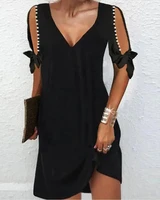 chaxiaoa 1 piece summer 2022 women beaded decor cold shoulder casual mini vacation dress