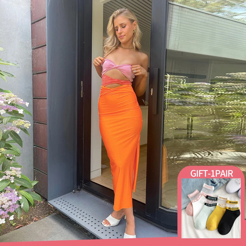 

Summer Patchwork Sexy Hollow Out Y2K Midi Dress Women 2022 Beach Strapless Bodycon Sleeveless Backless Bodycon Dresses Party