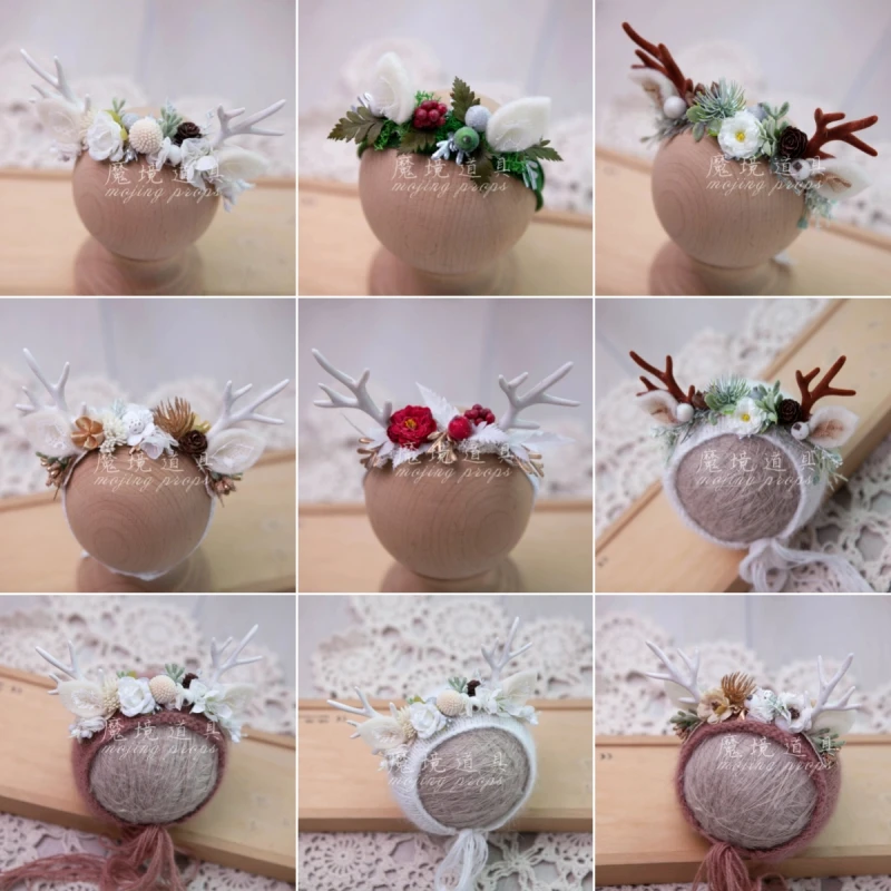 Newborn Photography Props Floral Headband Headwear Christmas Cute Deer Knitted Hat Bonnet Accessories Studio Shooting Photo Prop