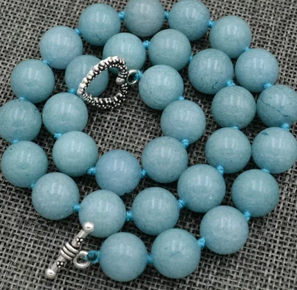 

new12mm Brazil natural Aquamarine Gem Necklace 18 "Tibetan silver love clasps jade