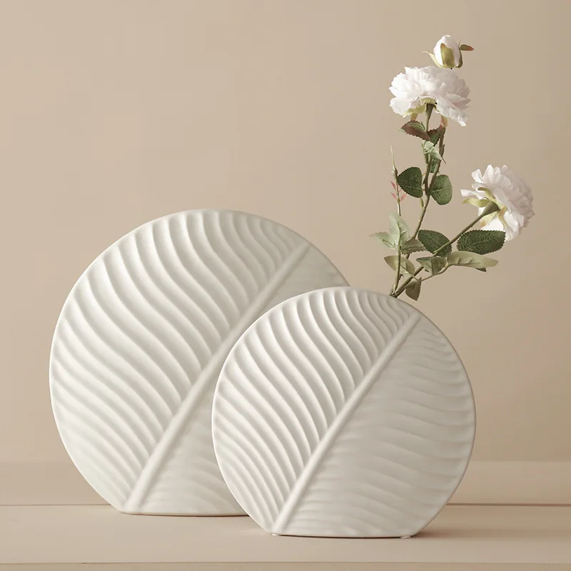 Nordic Flower Arrangement Flat Vase White Leaf Ceramic Soft Decoration Decoration Handicraft Personality Creative Flower 1