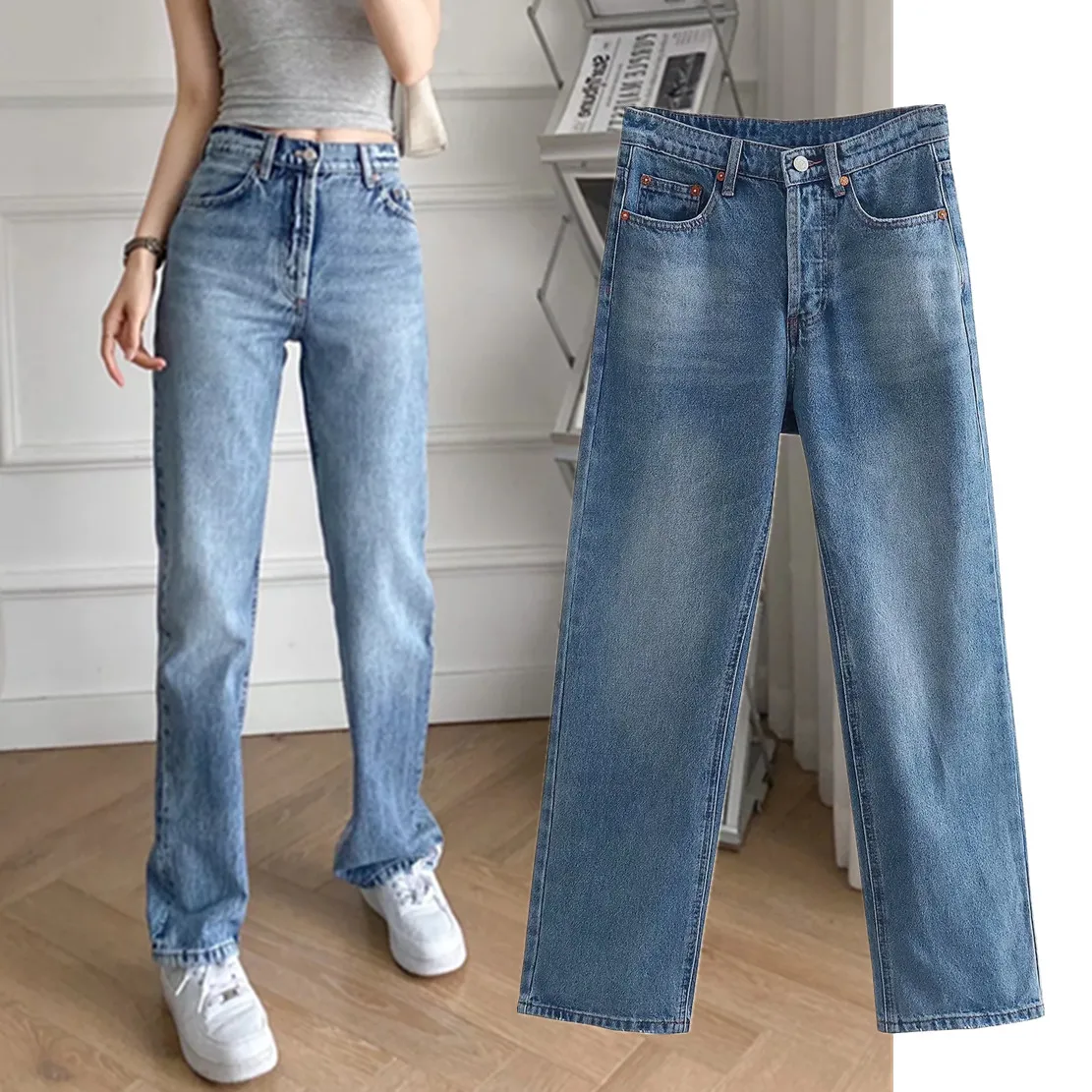 

Elmsk 2022 England Style High Street Washed Blue Straight Loose Denim Pants Vintage Mom Jeans Harem Jeans Women