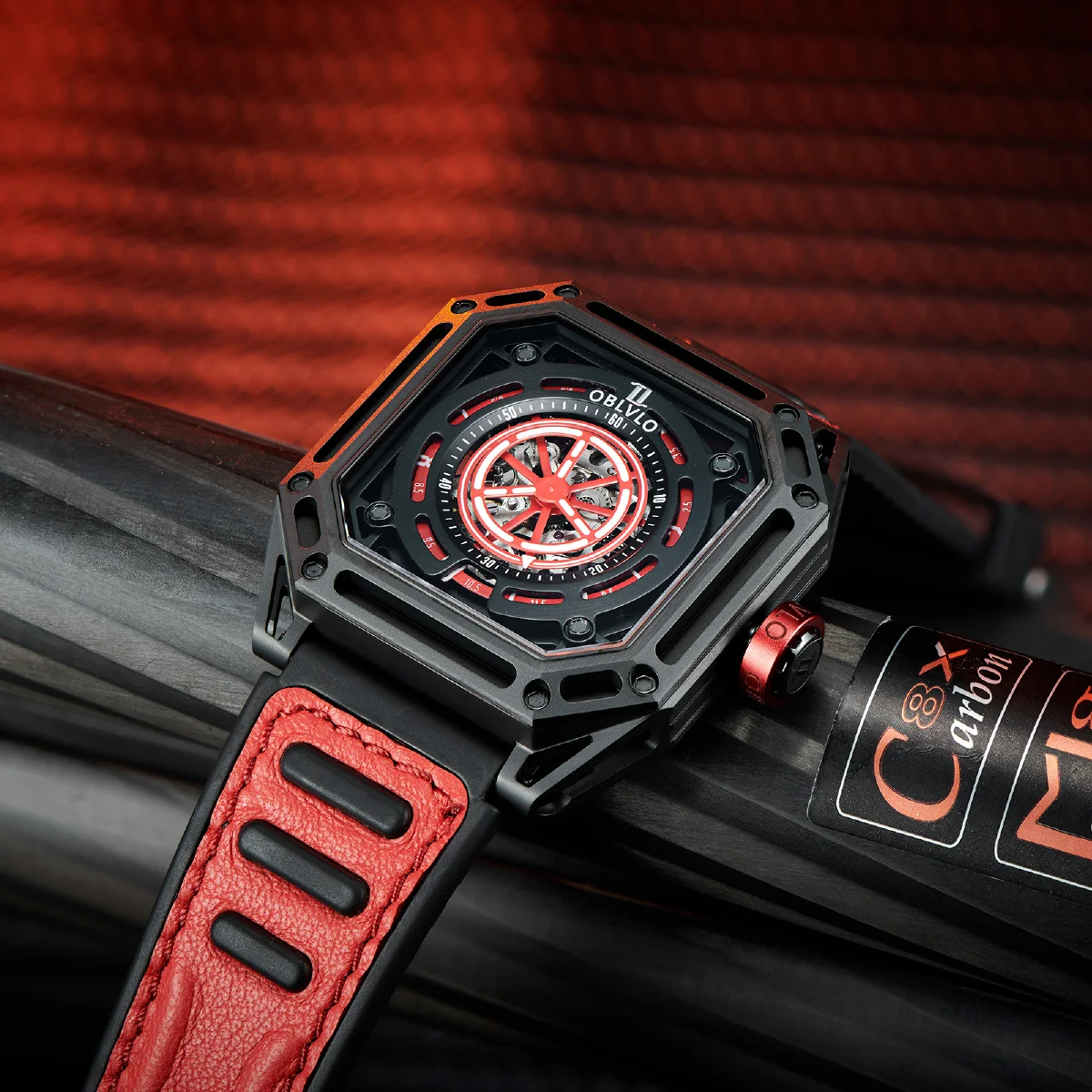 

OBLVLO Luxury Black Sport Watch For Men Self-wind Mechanical Automatic Watch Waterproof Square Cool Luminous Watch Rubber AK