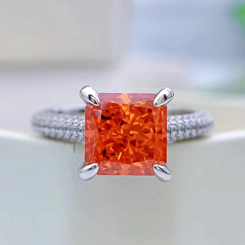 

SpringLady Princess Cut 8mm Orange High Carbon Diamond 925 Sterling Silver Party Wedding Band Rings for Women Promise Jewelry