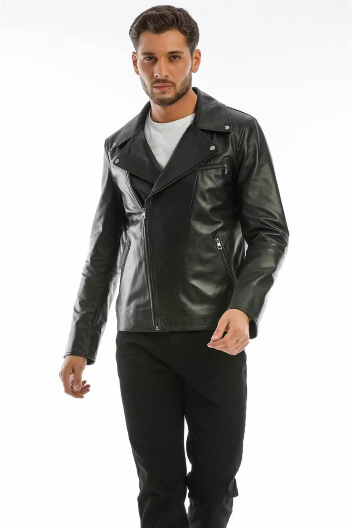 

Black Biker men genuine leather coats spring autumn season sports double breasted jackets design casual clothing handmade turkey