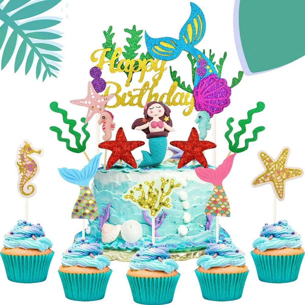 

29pcs Mermaid Cake Topper, Seahorse Mermaid Tail Seaweed Starfish Cupcake, Happy Birthday Banner Cake Decoration For Girl Kid Ba