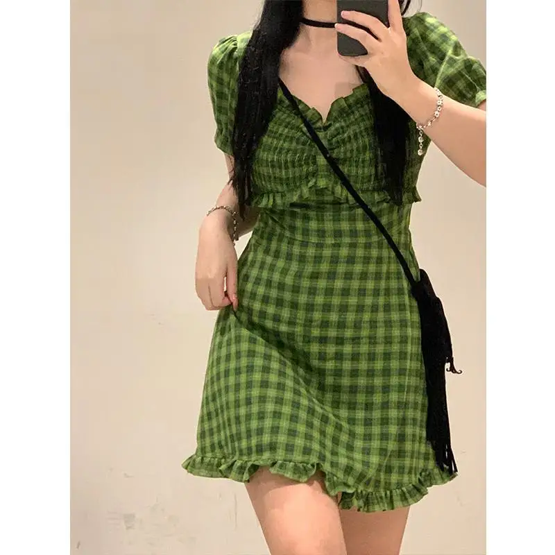 

Y2k Plaid Green Cocktail Dresses Women Short Sleeve Vintage Fairycore Korean Fashion Bodycon Dress Aesthetic Harajuku