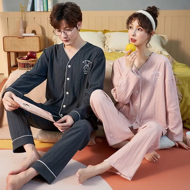 Two sets of price  Couples' pajamas Women's autumn and winter cotton long-sleeved cardigan Men's pajamas Home clothes Spring