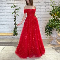 red prom dress off the shoulder pleated sweetheart sexy prom gown backless sparkly sequins tulle pockets long homecoming dress