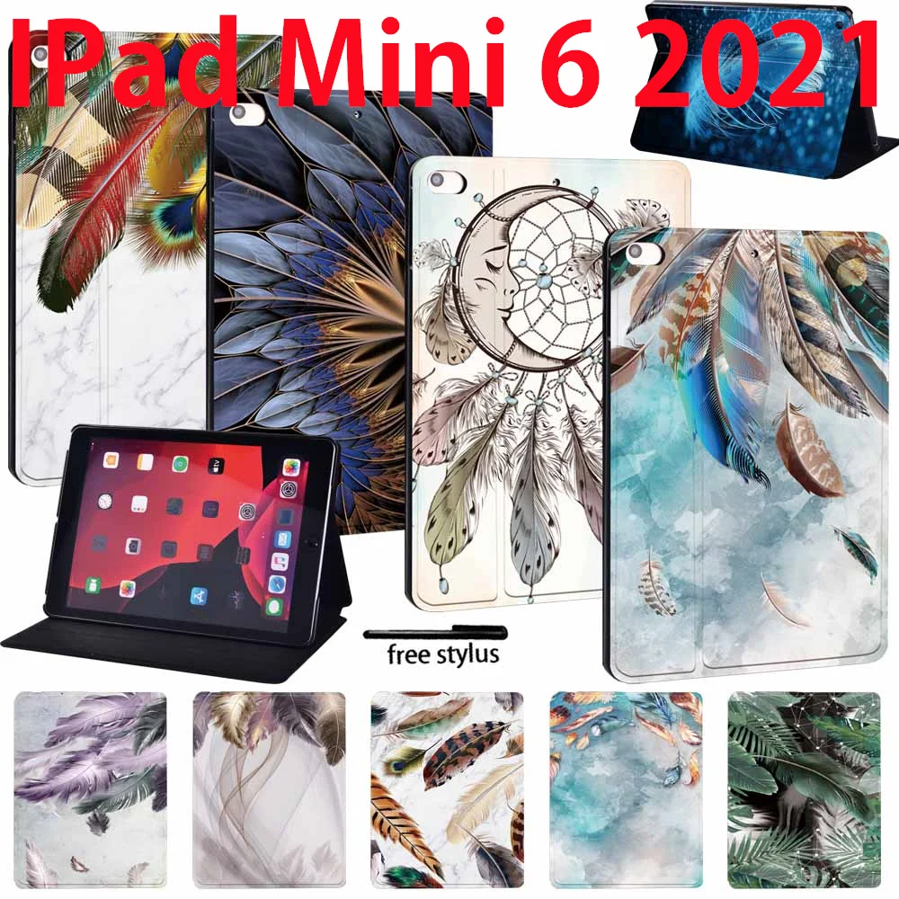 

For IPad Mini 6 Case 2021 PU Leather Flip Cover for IPad Mini 6th Generation 8.3 Inch Feather Pattern Case Funda