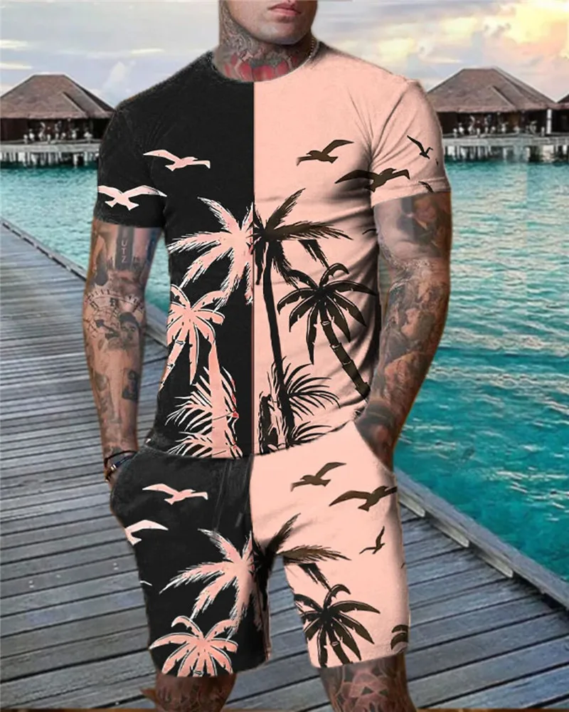 New Men Sets Shorts Outfits Male Clothing Street T Shirt Coconut Tree 3D Print Casual O-Neck Tracksuit Oversized Beach Sportwear